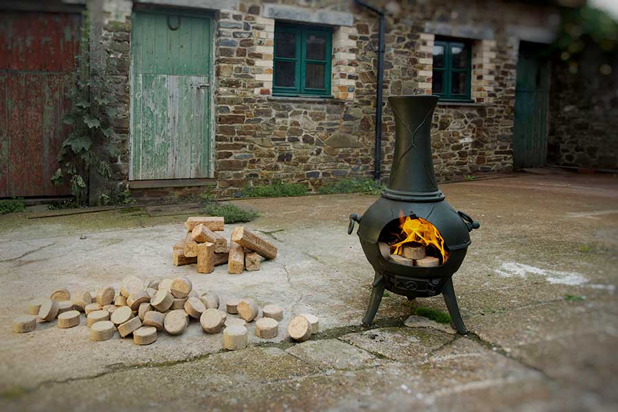 Chimnea burning hardwood briquettes